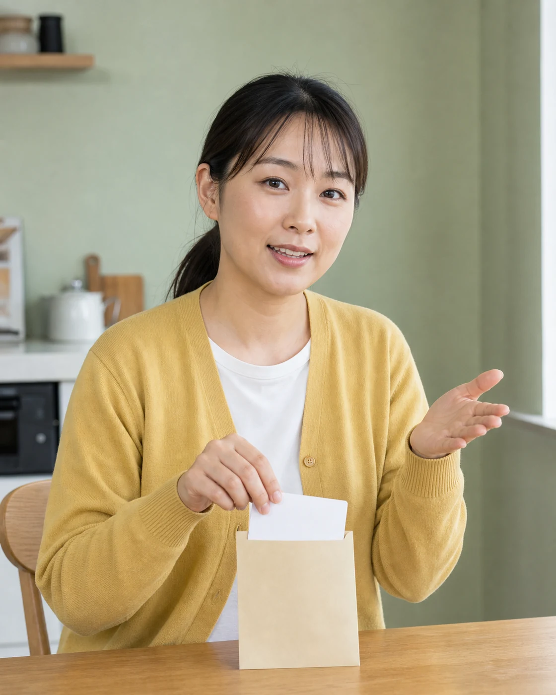 無地の確認用カードを封筒へしまいながら読者へ安心を伝えるポニーテールの別の成人日本人女性の解説用イメージ