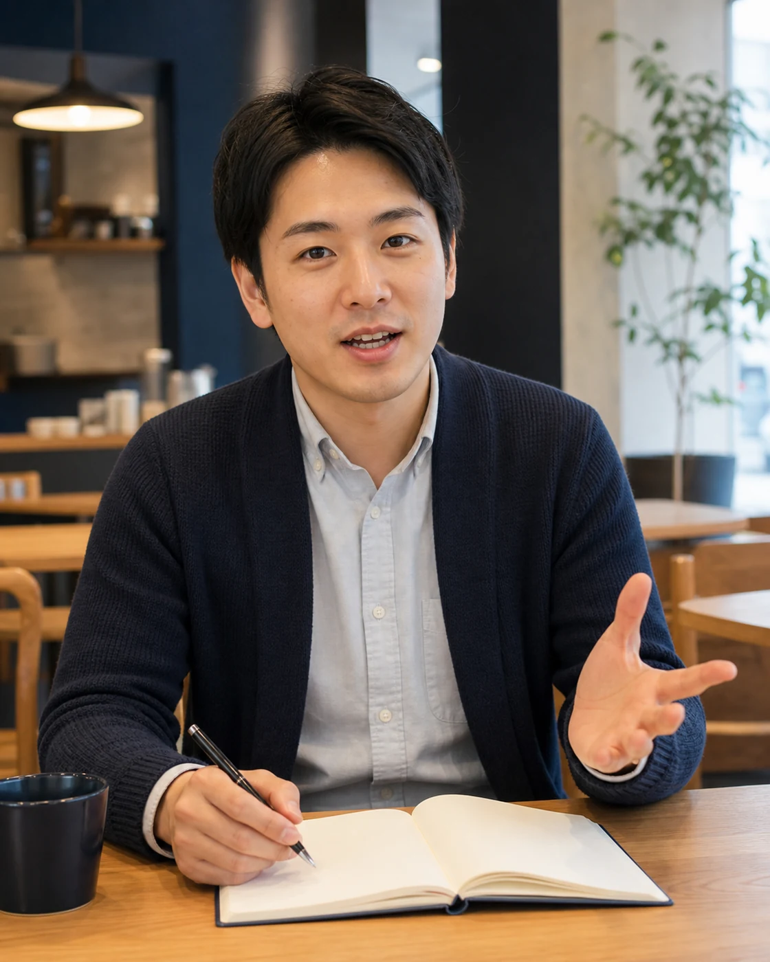比較用ノートと手振りで読者へ判断を促す30代前半の別の成人日本人男性の解説用イメージ