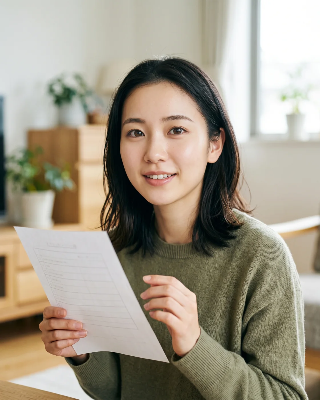 安全確認用チェックシートを示しながら読者へ説明する成人日本人女性の解説用イメージ