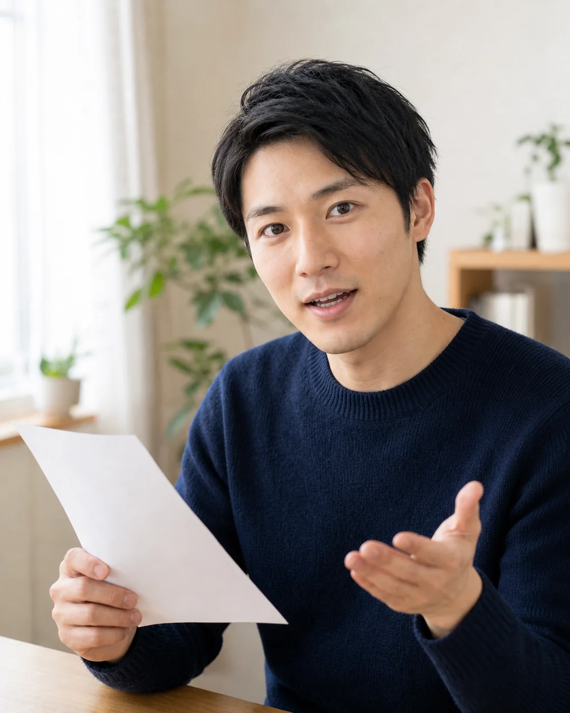 安全確認用の用紙を示しながら次の行動を案内する別の成人日本人男性の解説用イメージ