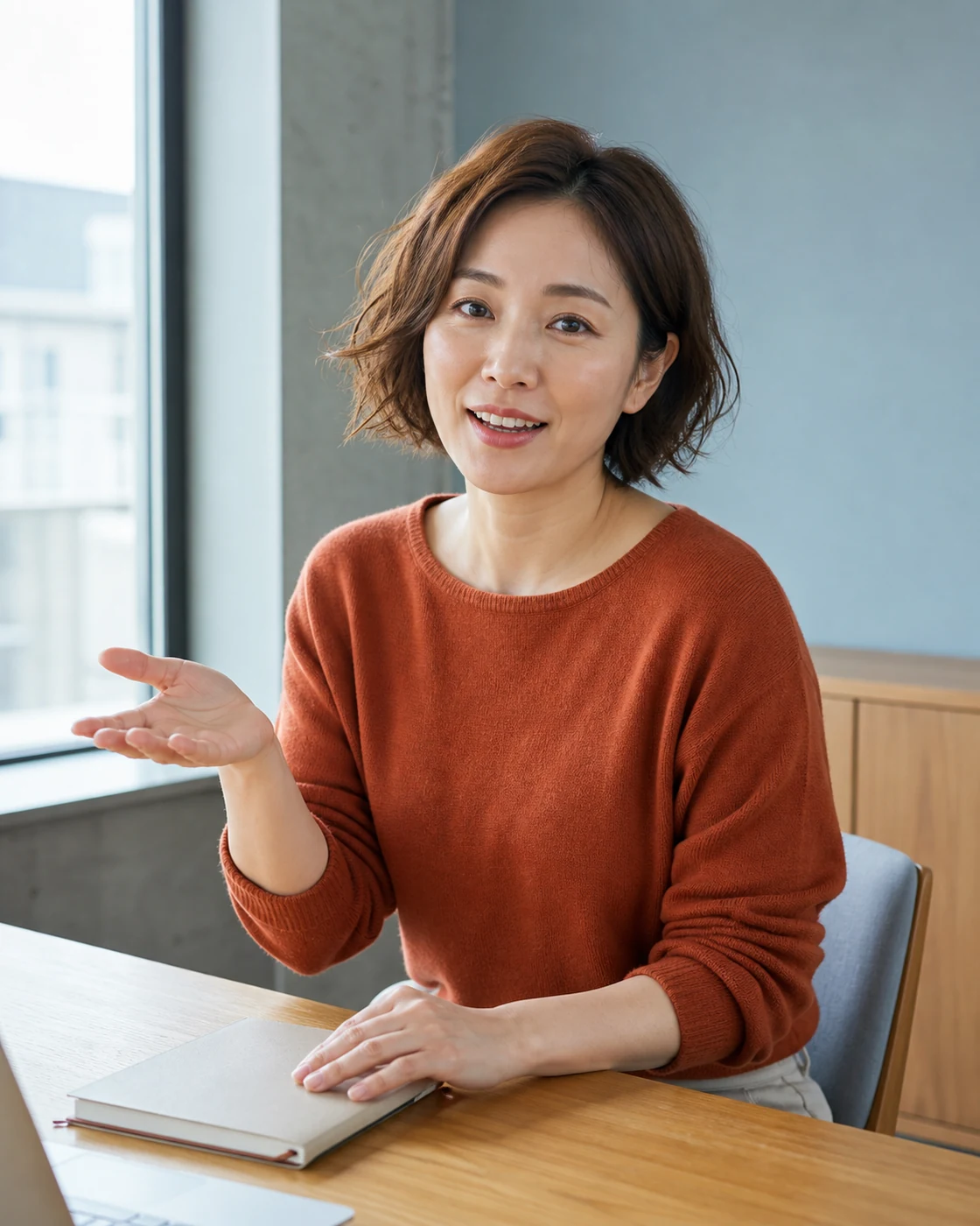ノートを閉じながら退会前の確認を読者へ話す短いウェーブヘアの成人日本人女性の解説用イメージ